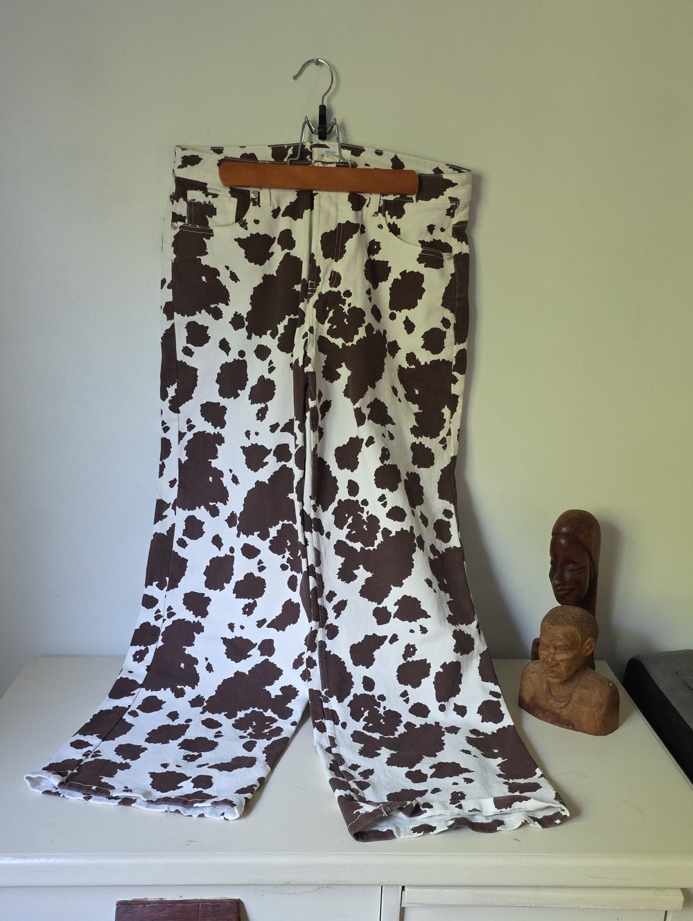 Cow-Print Wide Leg Pants in Brown & White